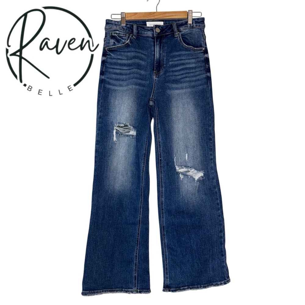 Raven Belle Women's Dark Blue Distressed Wide Leg Jeans